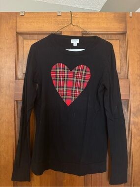 J. Crew Black Crewneck Sweater with Red Plaid Heart